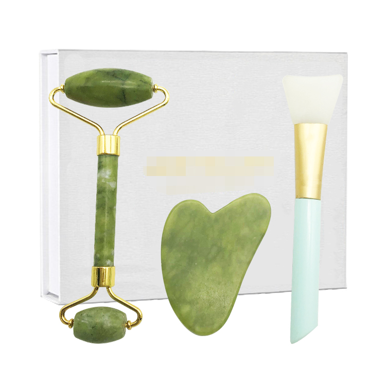 Dark Green Jade Roller Mask Brush Guasha Set